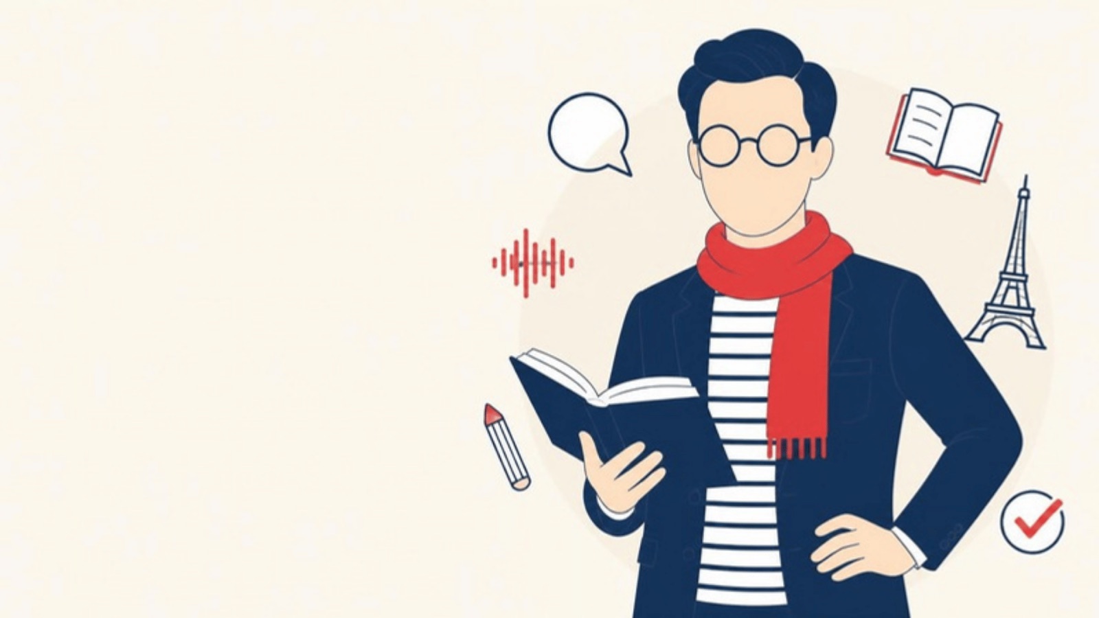 La mascotte de Français Facile : un professeur illustré sans visage, lunettes rondes, écharpe rouge, blazer marine sur marinière, un livre ouvert à la main.